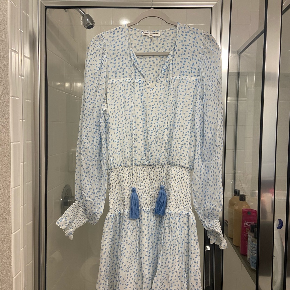 karina grimaldi white and blue drop waist dress